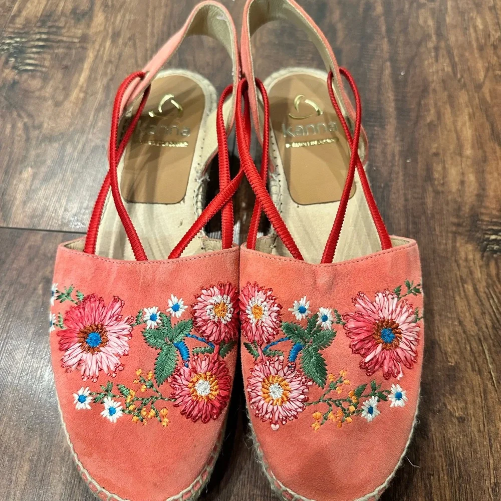 Kanna Pink Floral Embroidered Strappy Espadrilles Flats Sandals Spain Size 39 8